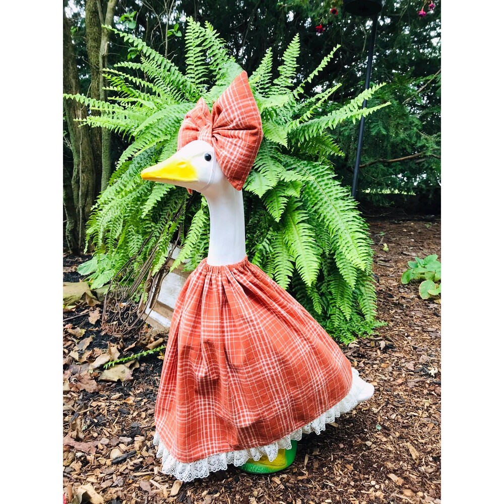 Porch Goose Dress & Bow Outfit For 18-23" Goose Handmade Orange Fall Plaid
